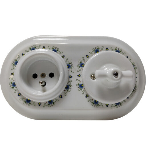 Rama ceramica incastrata dubla alba cu flori albastre