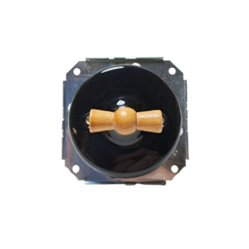 Intrerupator ceramic incastrat dublu/interrupator negru cu buton din lemn