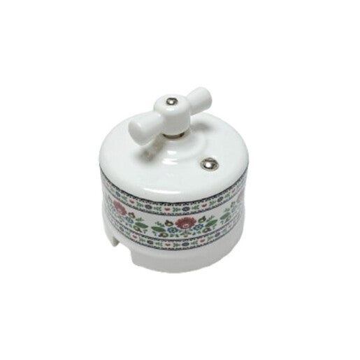 Intrerupator ceramic aparent dublu/interrupator alb cu decor floral