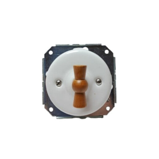 Intrerupator ceramic incastrat dublu/interrupator alb cu buton din lemn