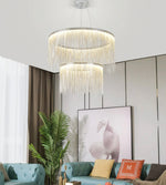 Lustra rotunda creativa argintie cu lanturi Tasel Led 2